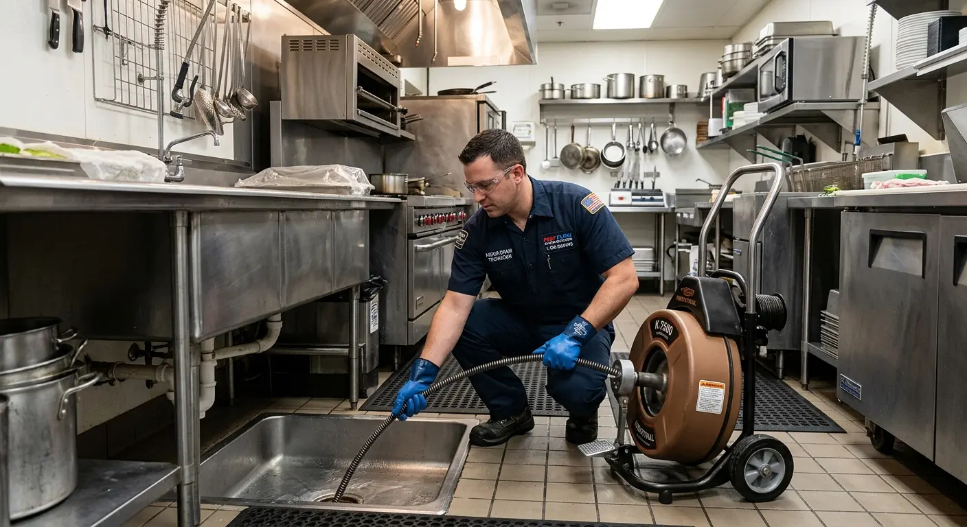 Commercial drain cleaning service in a restaurant kitchen in Delhi