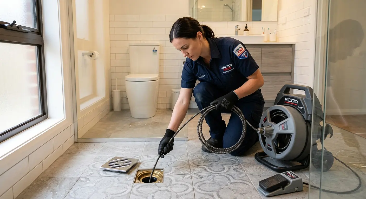 Technician clearing a bathroom floor drain for Drain Repair in Delhi